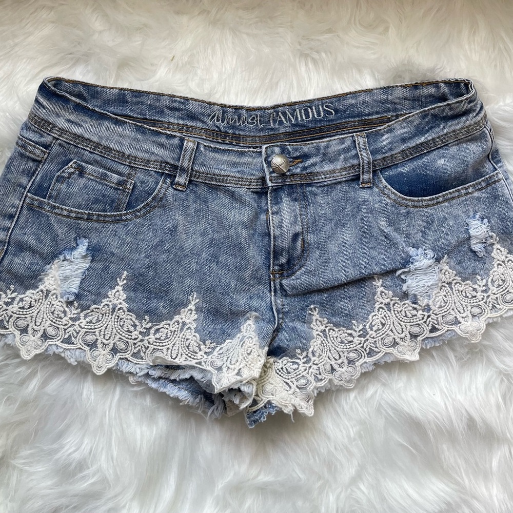 Almost Famous Blue and White Jean Shorts with Lace Trim